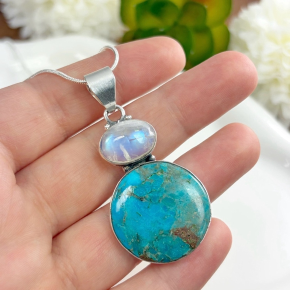 Southwest Jewelry - Rainbow Moonstone Turquoise Pendant Sterling Silver 925 Southwest Style